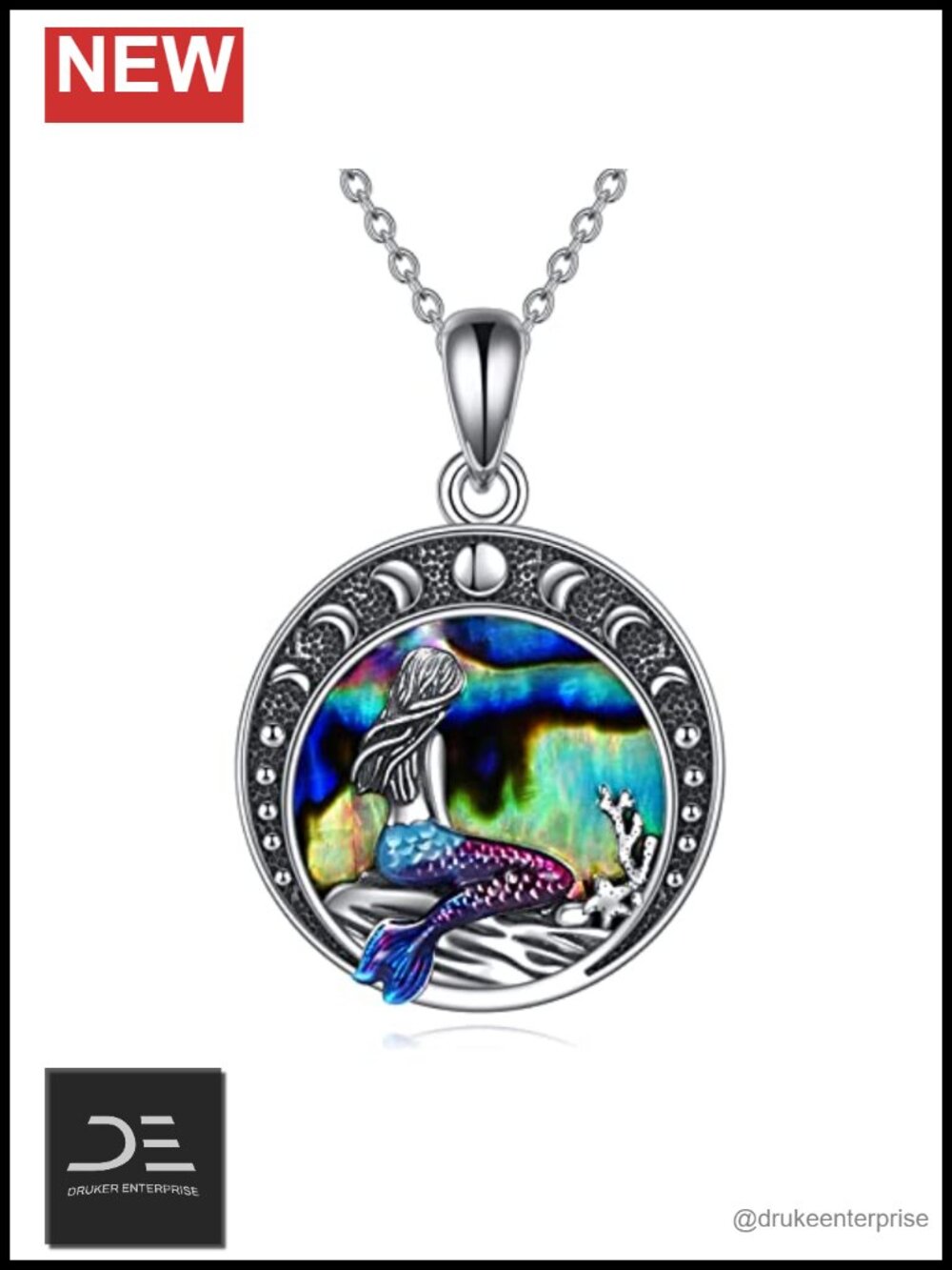 Sterling Silver Mermaid Crescent Moon Pendant Necklace with Abalone Shell,